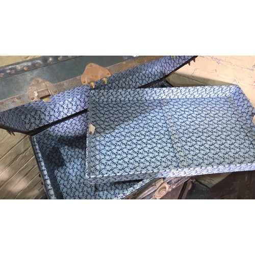 150 - Vintage cabin trunk with BOAC and other travel labels, stencilled HM Sawyer with internal tray