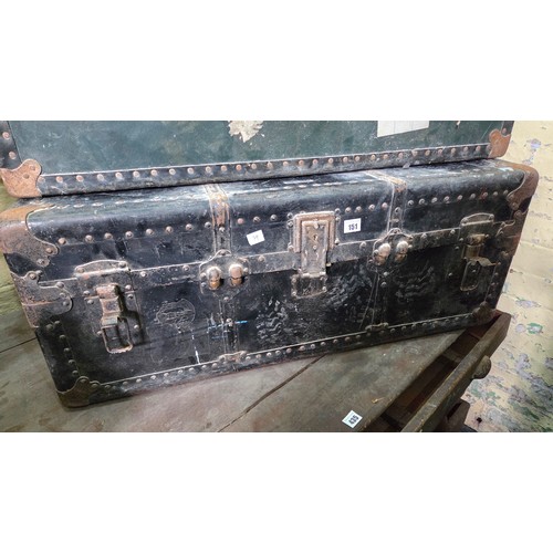 151 - Vintage metal bound cabin trunk monogrammed EBT with internal tray