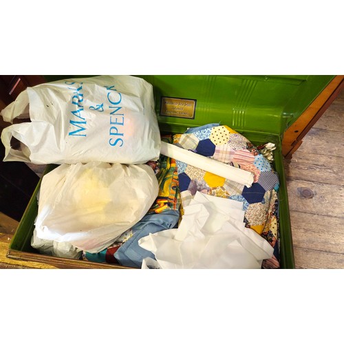 153 - Vintage tin trunk and qty of linen