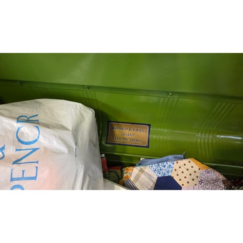 153 - Vintage tin trunk and qty of linen