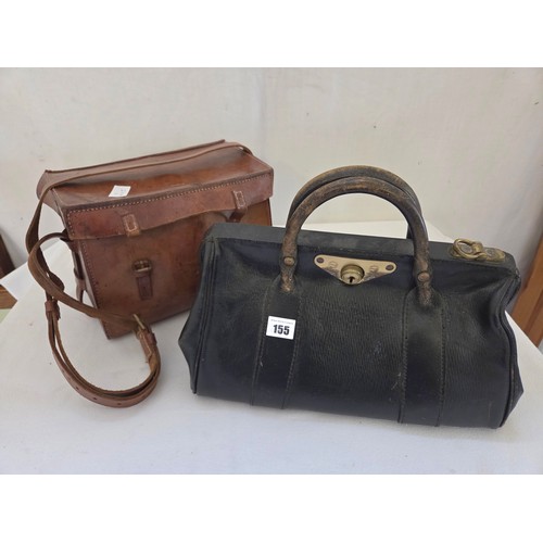 155 - Vintage black leather Gladstone bag and leather instrument carrying case