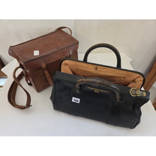155 - Vintage black leather Gladstone bag and leather instrument carrying case
