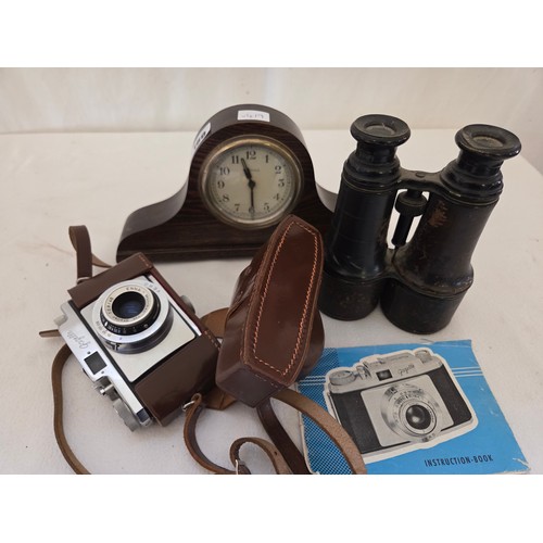 160 - Vintage Enna Gazelle Vero 35mm camera, vintage field glasses and Perivale mantel clock