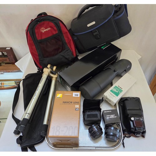 163 - Photographic equipment incl. Sony camera bag,  Nikon Nikkor lens, Velbon PH-1450 tripod etc