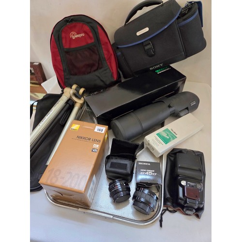 163 - Photographic equipment incl. Sony camera bag,  Nikon Nikkor lens, Velbon PH-1450 tripod etc
