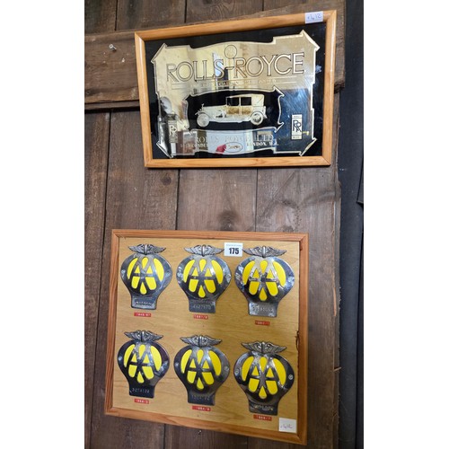 175 - Mounted collection of 6 numbered AA badges and a reproduction Rolls Royce advertising mirror