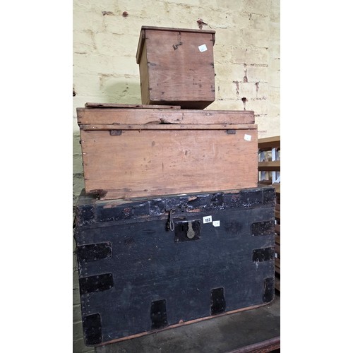 152 - Vintage metal bound box, 2 pine boxes and 2 hand bells