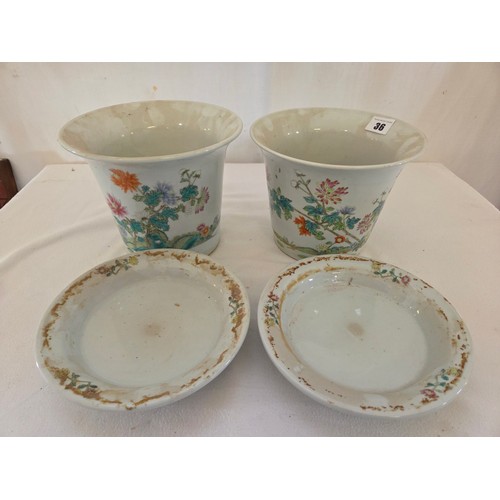 36 - Pair of Chinese floral chrysanemum jardinières and saucers signed to the base (one slightly taller t... 