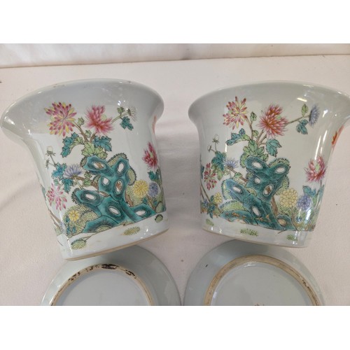 36 - Pair of Chinese floral chrysanemum jardinières and saucers signed to the base (one slightly taller t... 