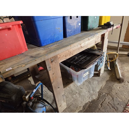 Wooden two-tier workbench with small record vice approx. 184cm x 75cm