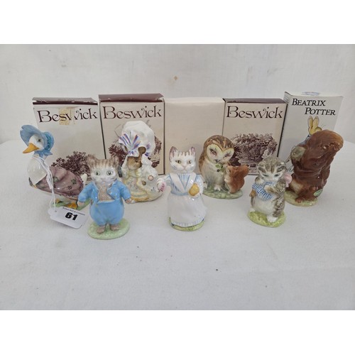 61 - Collection of 7 Beswick Beatrix Potter with BP-2 oval gold back stamps; Tom Kitten, Tabetha Twitchet... 
