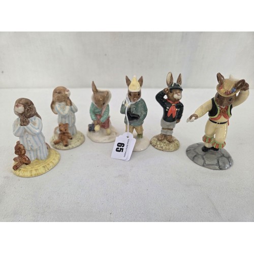 65 - Collection of 6 Royal Doulton Bunnykins gloss figurines; Boy Skater, Girl Skater, 2x Bedtime, Be Pre... 