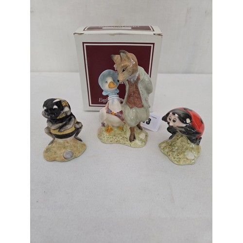 73 - Three Royal Albert gloss Beatrix Potter figurines; Jemima Puddle-Duck with Foxy Whiskered Gentleman ... 