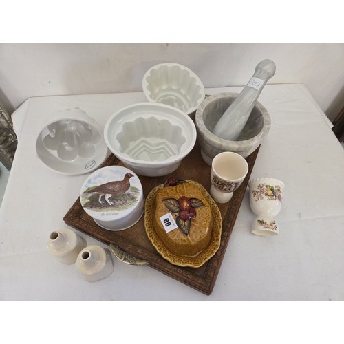 80 - Vintage stoneware jelly moulds, pie chimneys, Shorter Bros butter dish etc