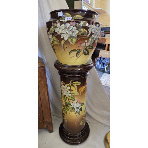91 - Majolica hand painted floral terracotta jardinière and stand