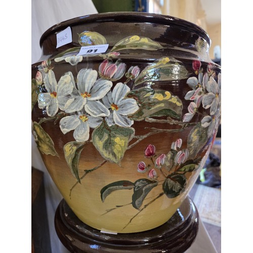 91 - Majolica hand painted floral terracotta jardinière and stand