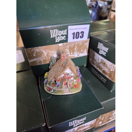 103 - Lilliput Lane, 18 boxed with deeds incl. Bunny Burrows, Lavender Lane, Traveller's Way, Traveller's ... 