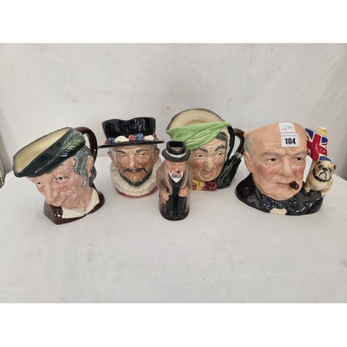104 - Five Royal Doulton character and Toby jugs incl. Winston Churchill, Beefeaters, Simple Simon, Sairey... 