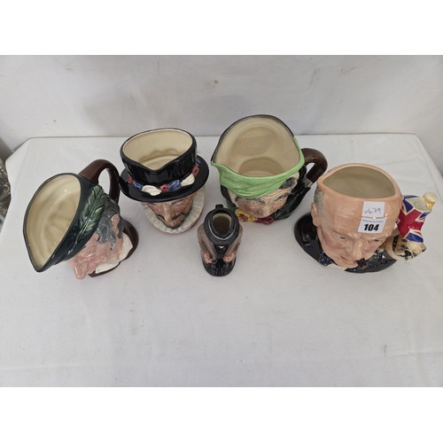 104 - Five Royal Doulton character and Toby jugs incl. Winston Churchill, Beefeaters, Simple Simon, Sairey... 