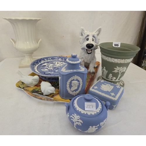 105 - Beswick urn form vase, Jasperware, blue and white comport etc