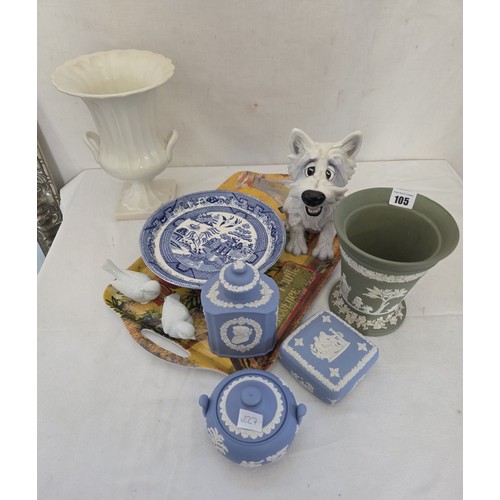 105 - Beswick urn form vase, Jasperware, blue and white comport etc
