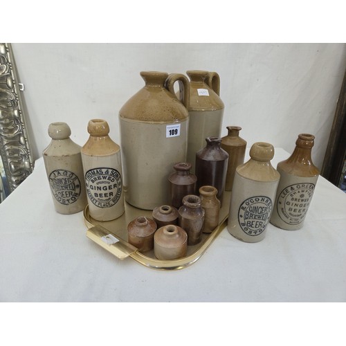109 - Collection of vintage stoneware flagons and bottles incl. 4 local printed ginger beer bottles Thomas... 