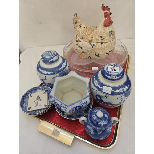 115 - Two Chinese blue and white covered jars, other blue and white ware, glass comport etc