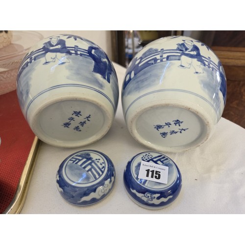 115 - Two Chinese blue and white covered jars, other blue and white ware, glass comport etc