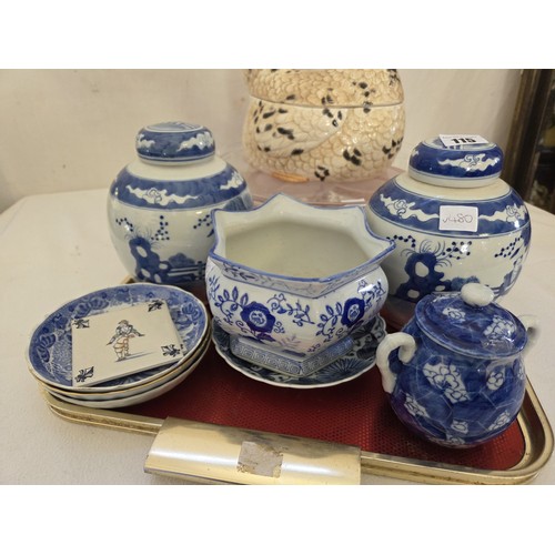 115 - Two Chinese blue and white covered jars, other blue and white ware, glass comport etc