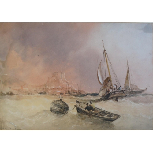 330 - C.B. Hue (British, Exhibited 1857-1863) four Jersey Marine watercolours, Mont Orgueil, Martello Towe... 