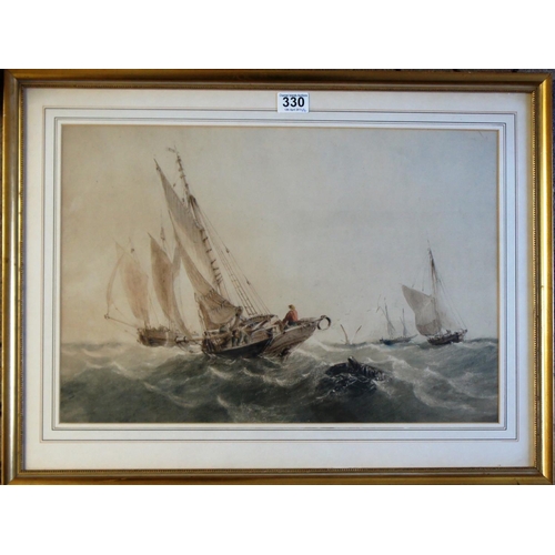 330 - C.B. Hue (British, Exhibited 1857-1863) four Jersey Marine watercolours, Mont Orgueil, Martello Towe... 