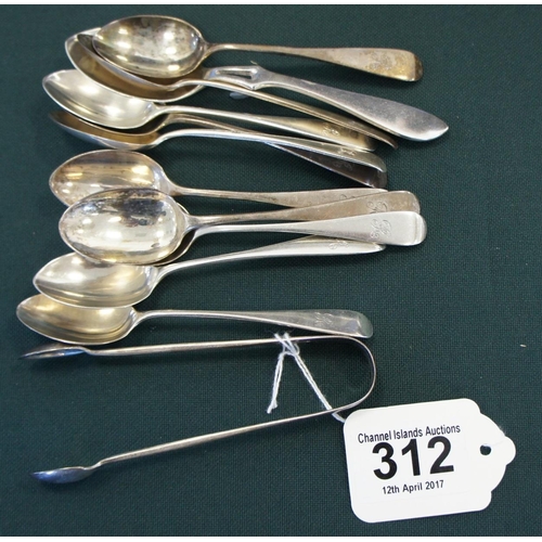 312 - A pair of silver sugar tongs together with 11 silver spoons, various dates, weight 200 grams (12).