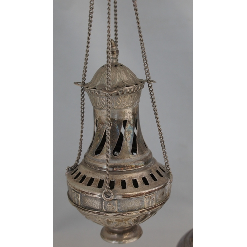 6 - Eastern white metal incense burner, with hollow vessel on chains suspended from a stand, 26.5 cm. hi... 