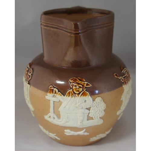 25 - A Royal Doulton stoneware jug, in two tone browns with applied motifs depicting country life, windmi... 