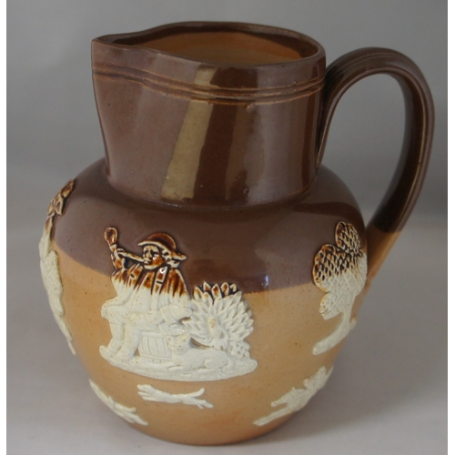 25 - A Royal Doulton stoneware jug, in two tone browns with applied motifs depicting country life, windmi... 