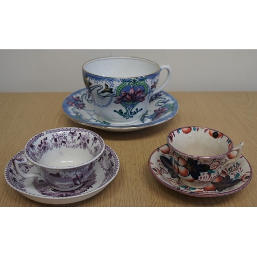 51 - A Thomas Fell Gaudy Welsh cup and saucer, a transfer printed cup and saucer 'Chinese Arcade' by Corn... 