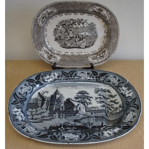 52 - A brown and white transfer printed oval platter 'Park Scenery' by John Carr and Son, Low Lights Pott... 