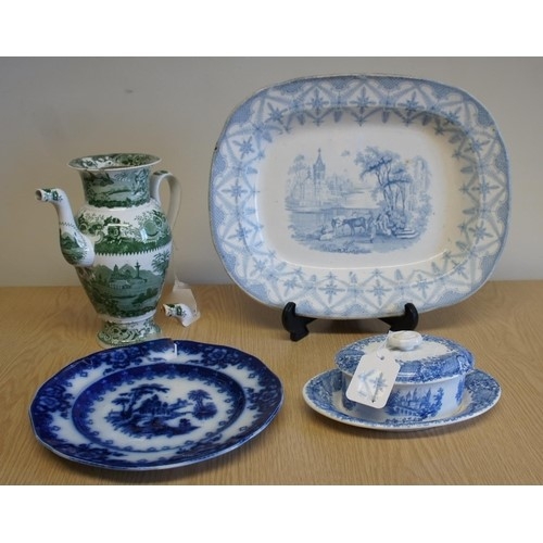 56 - A Wm. Smith coffee pot (no cover), A Middlesborough blue flow plate and platter, a Wm. Smith butter ... 