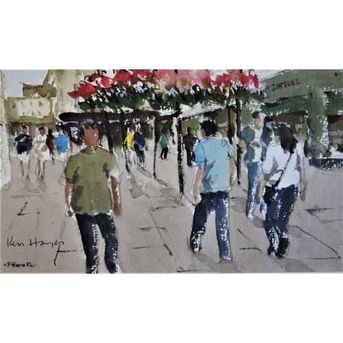 74 - Ken Hayes, Street scene, St Helier, Jersey, watercolour, signed,  32 x 22 cm.