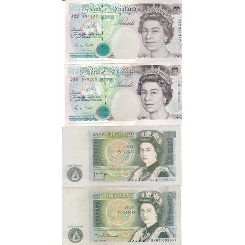 95 - Two five pound and five one pound English banknotes