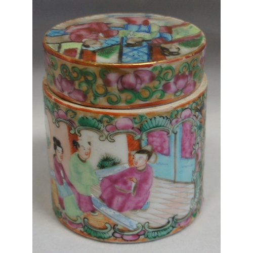 63 - Chinese Famille Rose decorated brush pot with lid, 7 cm. high.