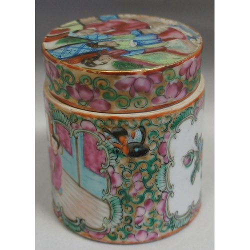 63 - Chinese Famille Rose decorated brush pot with lid, 7 cm. high.