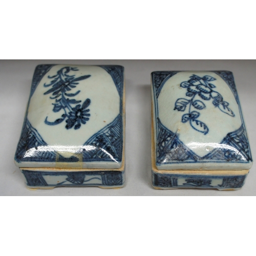 65 - Pair Oriental blue and white lided boxes, with extensive character marks, 10.5 x 7.5 cm.