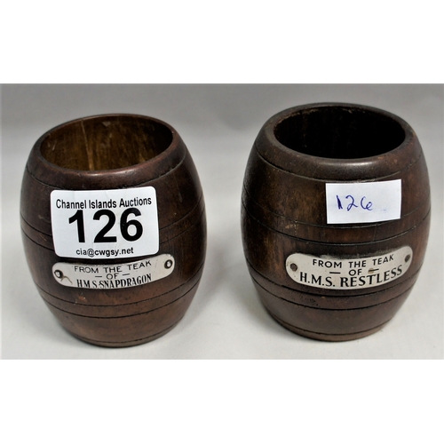 126 - Two treen barrells, H.M.S. Restless & Snapdragon, 18 cm.