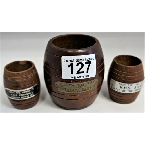 127 - Treen ships barrels, H.M.S. Champion 18 cm. & H.M.S. Cornwall and H.M.S. Ajax, each 5.5  cm. (3).