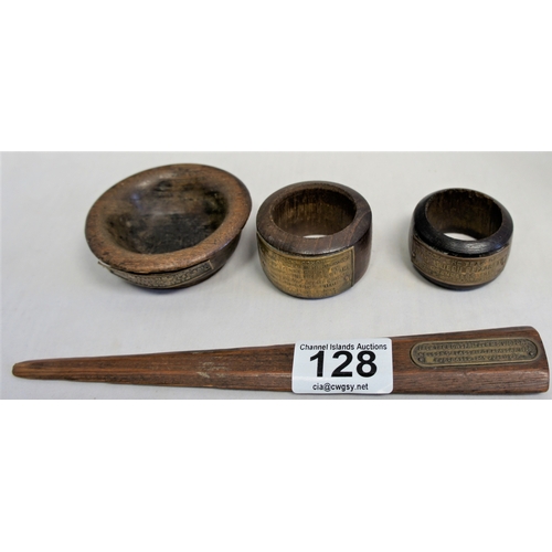 128 - Treen from well known ships, bowl from H.M.S. Iron Duke, two napkin rings H.M.S. Ganges & H.M.S. Que... 