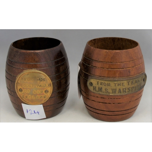 124 - Two treen barrels H.M.S. Warsprite & Old England, 5.5 cm.