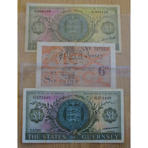 139 - Two Guernsey One pound notes and a Jersey Sixpence note (3).