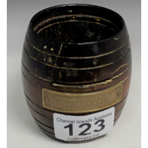 123 - Treen barrel from decking H.M.S. Mauretania