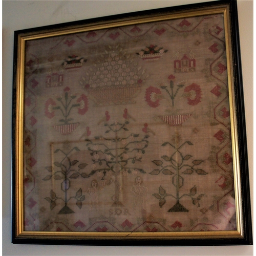 189 - Early 19th century sampler, with zig zag border, trees, plants and two figures, signed SDR, for the ... 